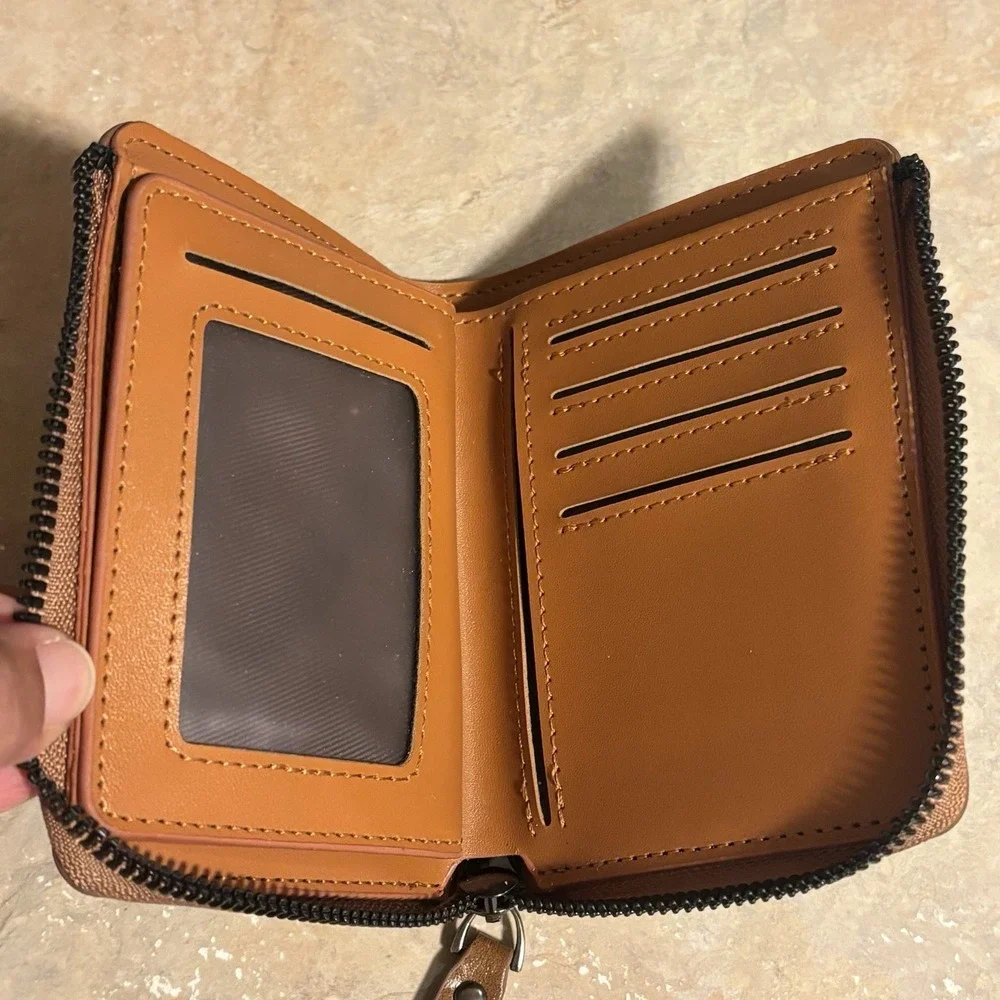AIKS Kangaroo Mens Bi-Fold Faux Leather RFID Blocking Camel Tan Wallet Zips Up